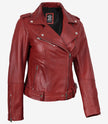 Women's Red Asymmetrical Belted Biker Style Leather Jacket