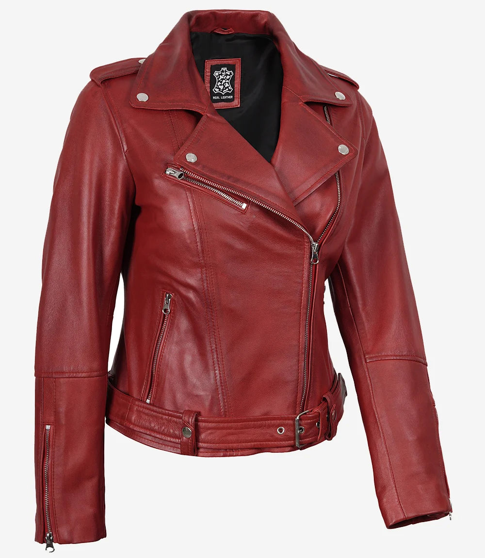 Women's Red Asymmetrical Belted Biker Style Leather Jacket