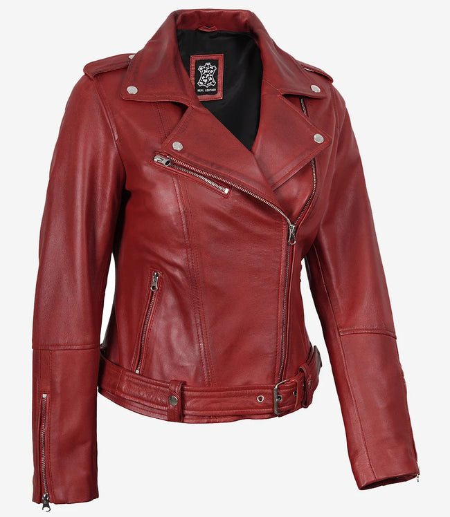 Women's Red Asymmetrical Belted Biker Style Leather Jacket