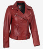Women's Red Asymmetrical Belted Biker Style Leather Jacket