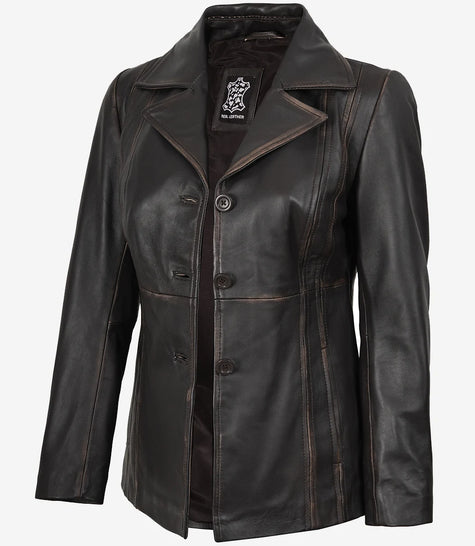 Women's Three Button Distressed Brown Leather Blazer