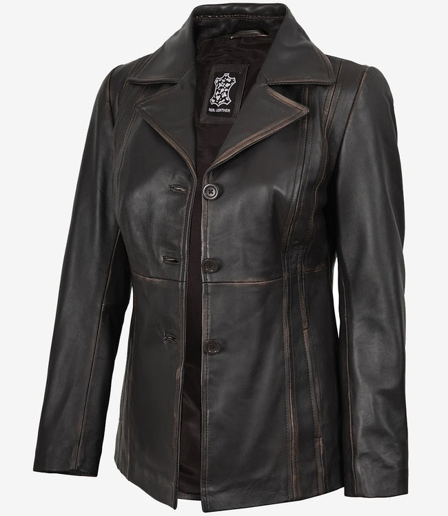 Women's Three Button Distressed Brown Leather Blazer