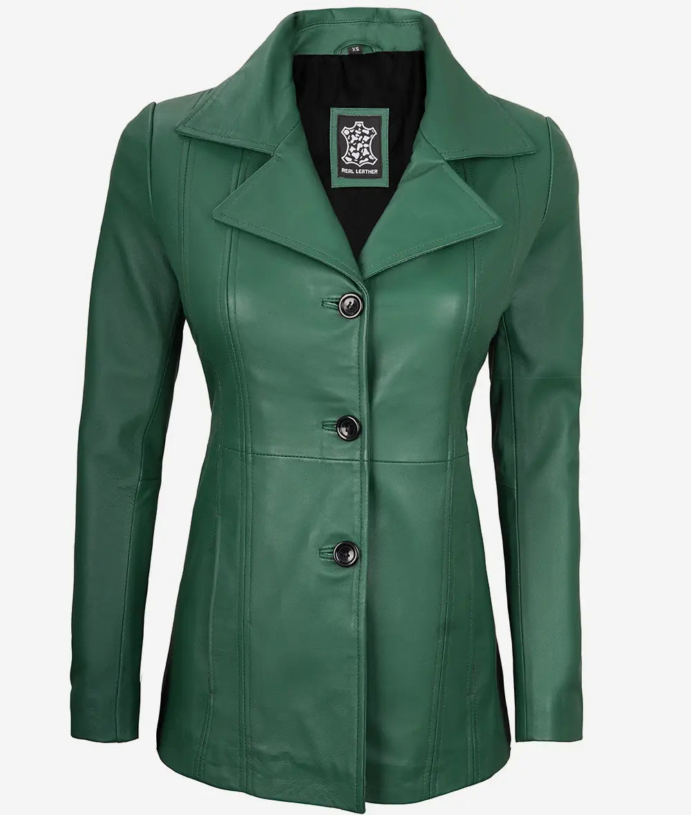 Womens Three Button Green Leather Blazer