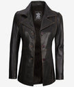 Womens Three Button Rub Off Brown Leather Blazer