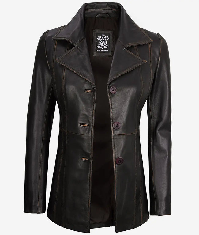 Womens Three Button Rub Off Brown Leather Blazer