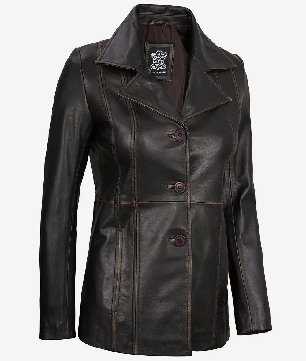 Womens Three Button Rub Off Brown Leather Blazer