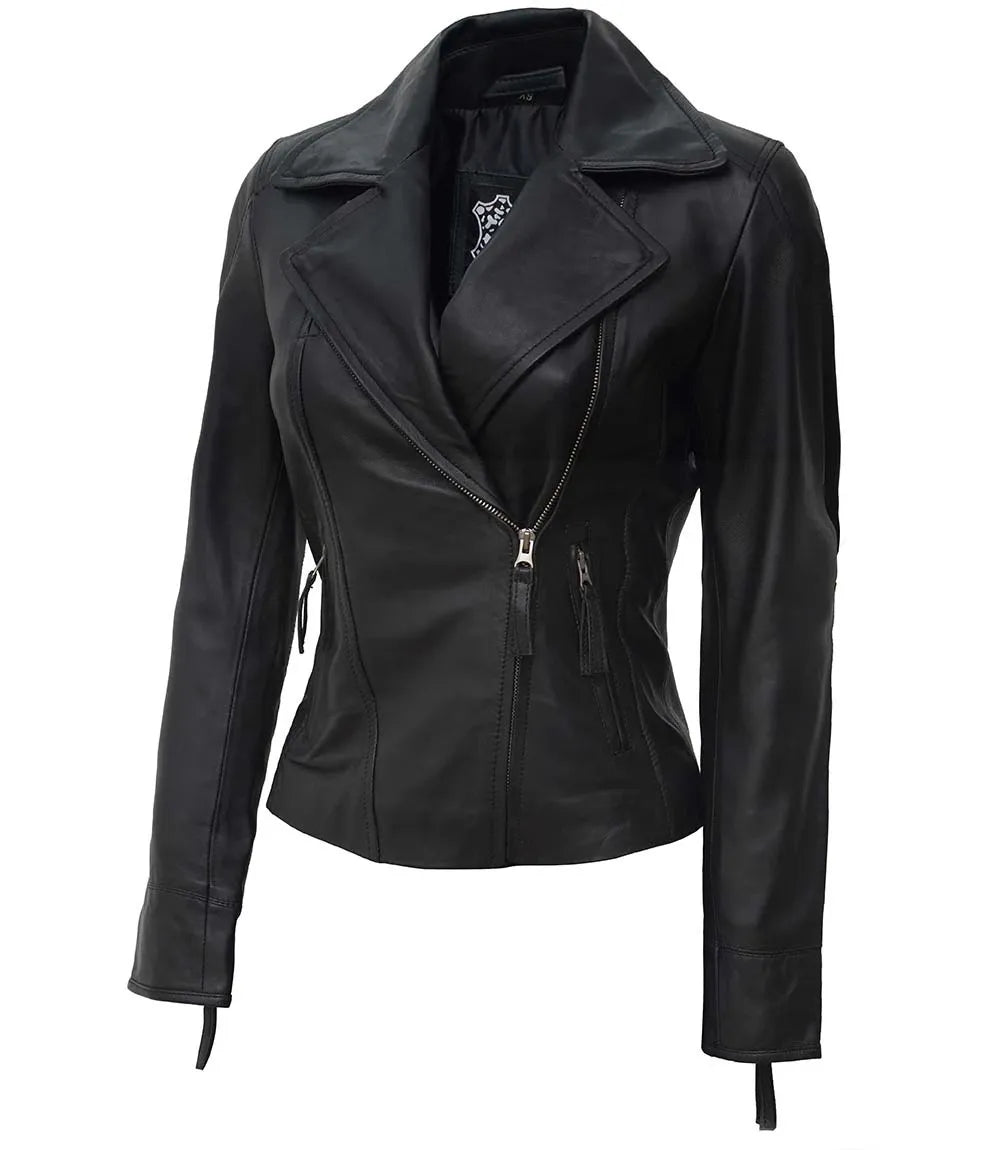 Asymmetrical Black Leather Biker Jacket Women