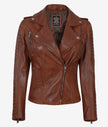 Womens Cognac Leather Jacket with Hood