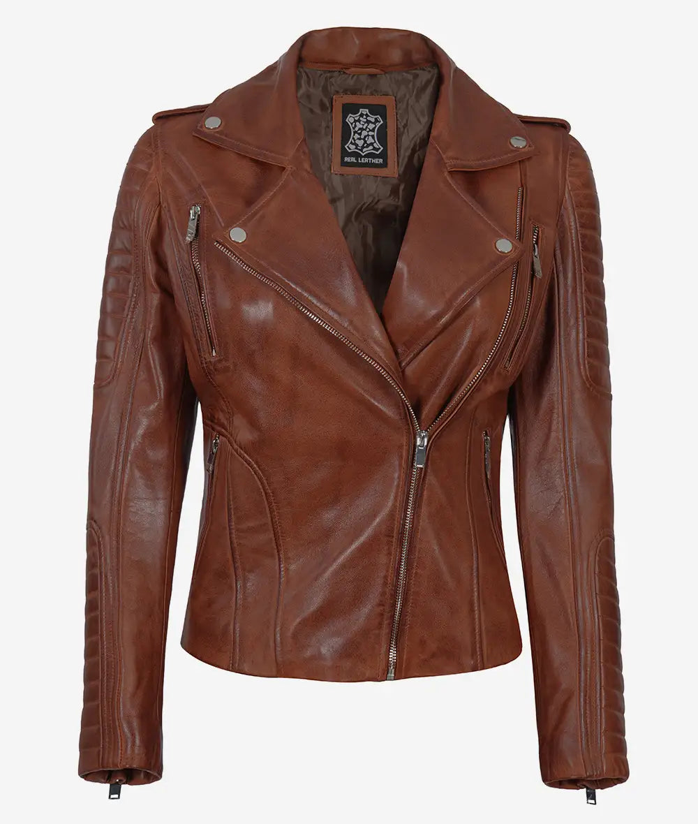 Womens Cognac Leather Jacket with Hood