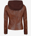Womens Cognac Leather Jacket with Hood