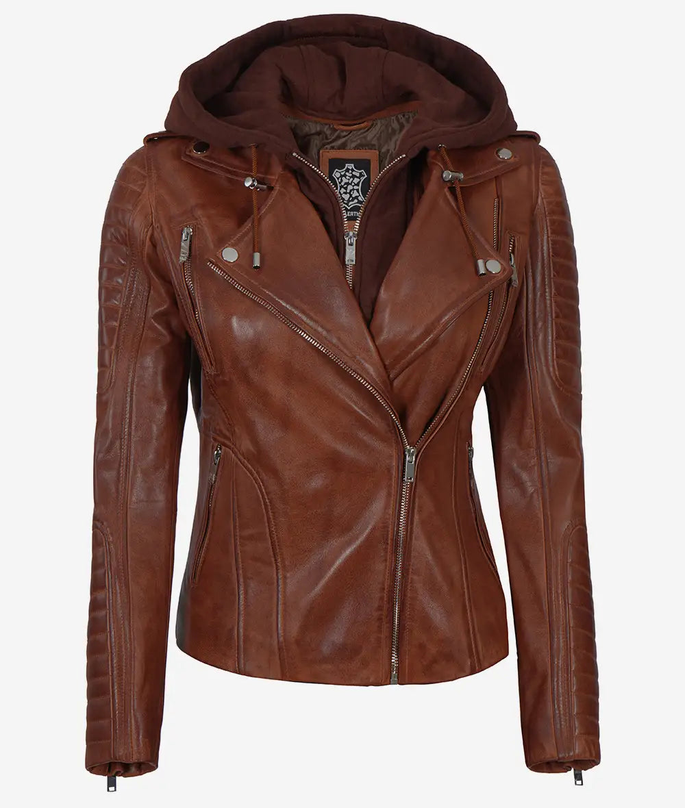 Womens Cognac Leather Jacket with Hood