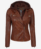 Womens Cognac Leather Jacket with Hood
