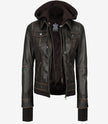 Womens Rub off Brown Bomber Leather Jacket with Hood
