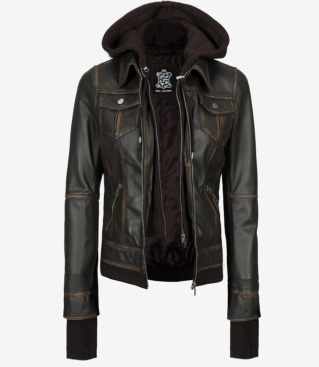 Womens Rub off Brown Bomber Leather Jacket with Hood