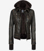 Womens Rub off Brown Bomber Leather Jacket with Hood