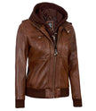 Womens Cognac Leather Bomber Jacket Hood