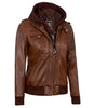 Womens Cognac Leather Bomber Jacket Hood