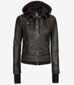Womens Rub off Brown Bomber Leather Jacket with Hood