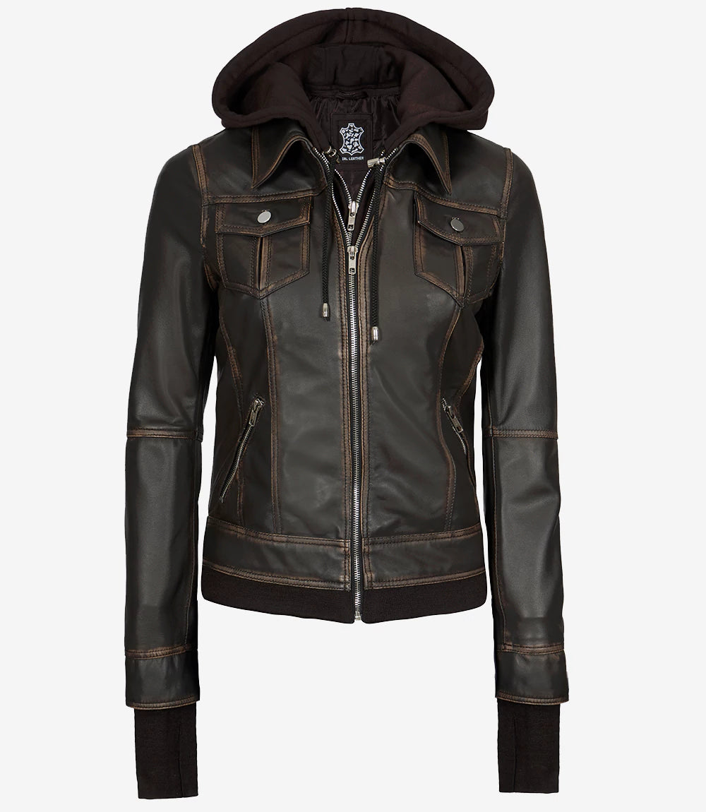 Womens Rub off Brown Bomber Leather Jacket with Hood