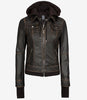Womens Rub off Brown Bomber Leather Jacket with Hood