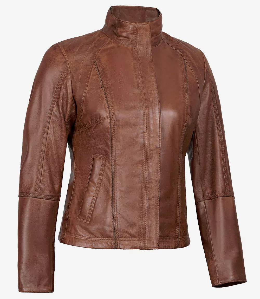 Womens Cafe Racer Cognac Leather Jacket
