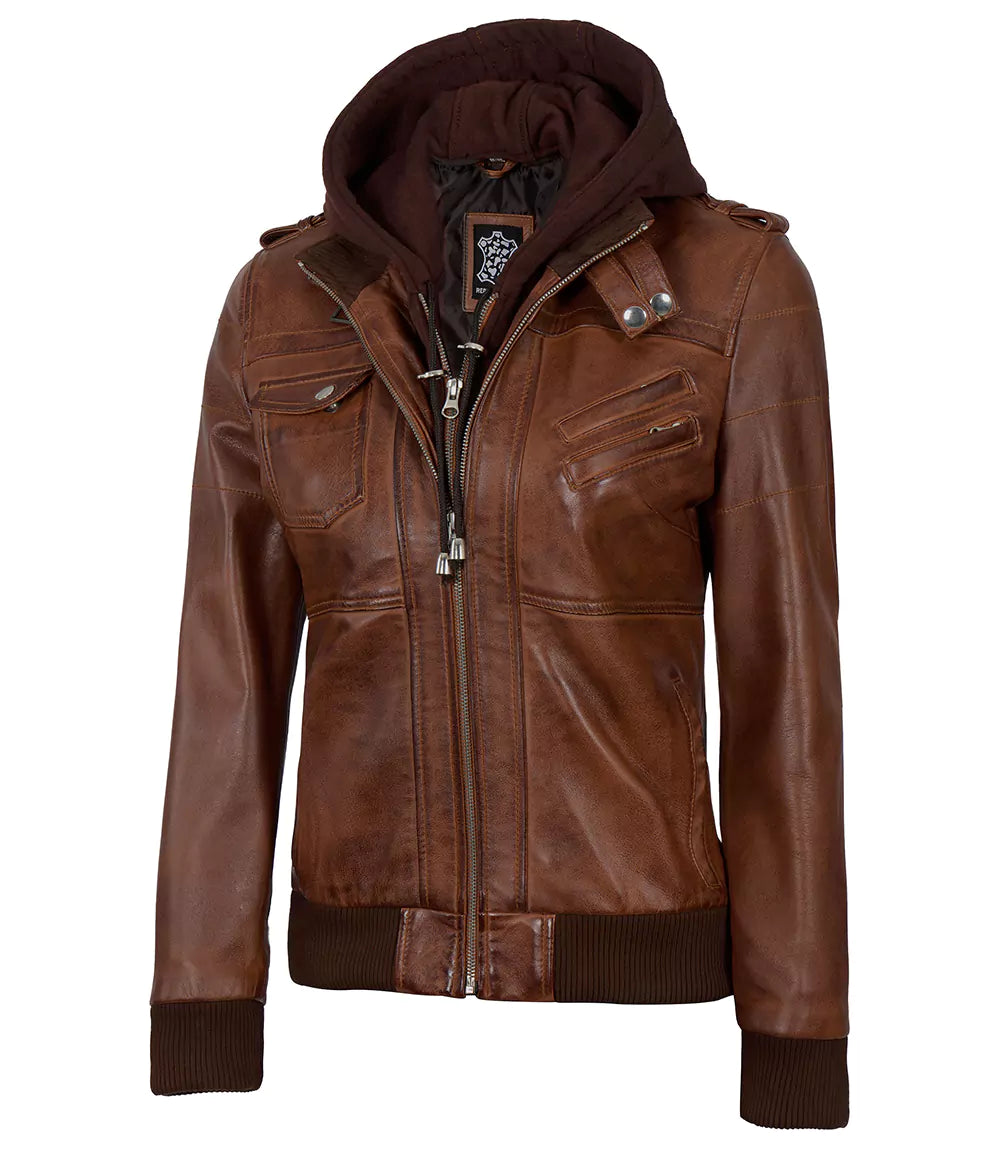 Womens Cognac Leather Bomber Jacket Hood