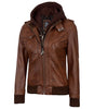 Womens Cognac Leather Bomber Jacket Hood