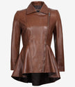 Womens Cognac Peplum Leather Jacket
