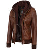 Womens Cognac Leather Bomber Jacket Hood