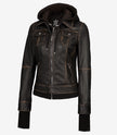 Womens Rub off Brown Bomber Leather Jacket with Hood