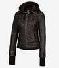 Womens Rub off Brown Bomber Leather Jacket with Hood