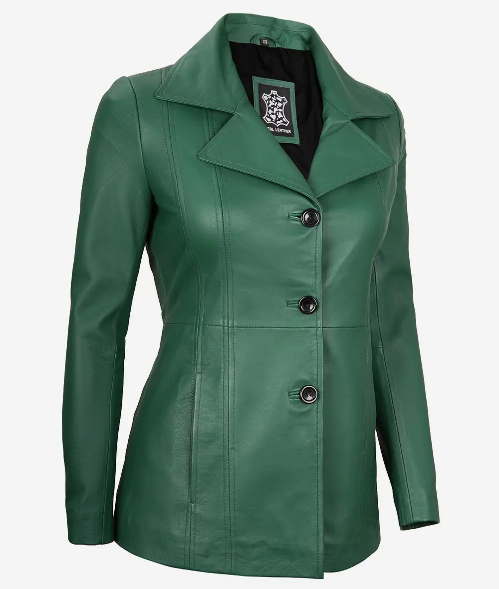 Womens Three Button Green Leather Blazer