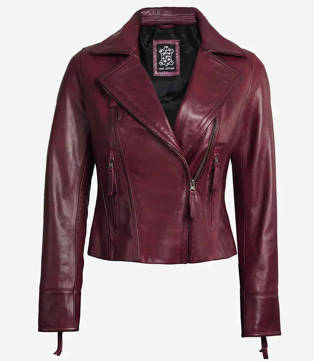 Womens Real Lambskin Leather Asymmetrical Maroon Motorcycle Leather Jacket