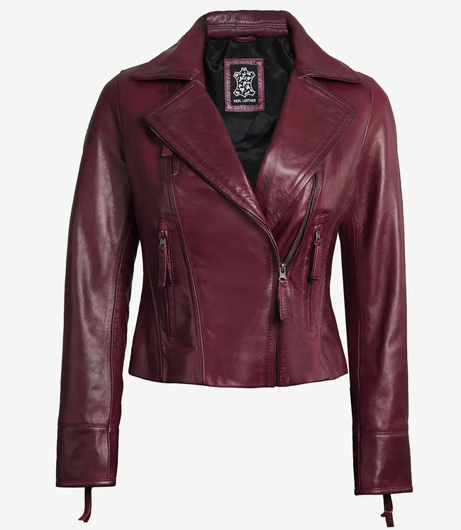 Womens Real Lambskin Leather Asymmetrical Maroon Motorcycle Leather Jacket