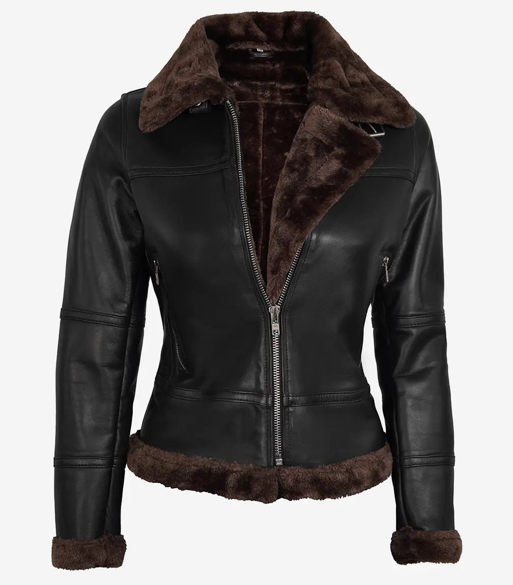 Womens Dark Brown Shearling Leather Bomber Jacket