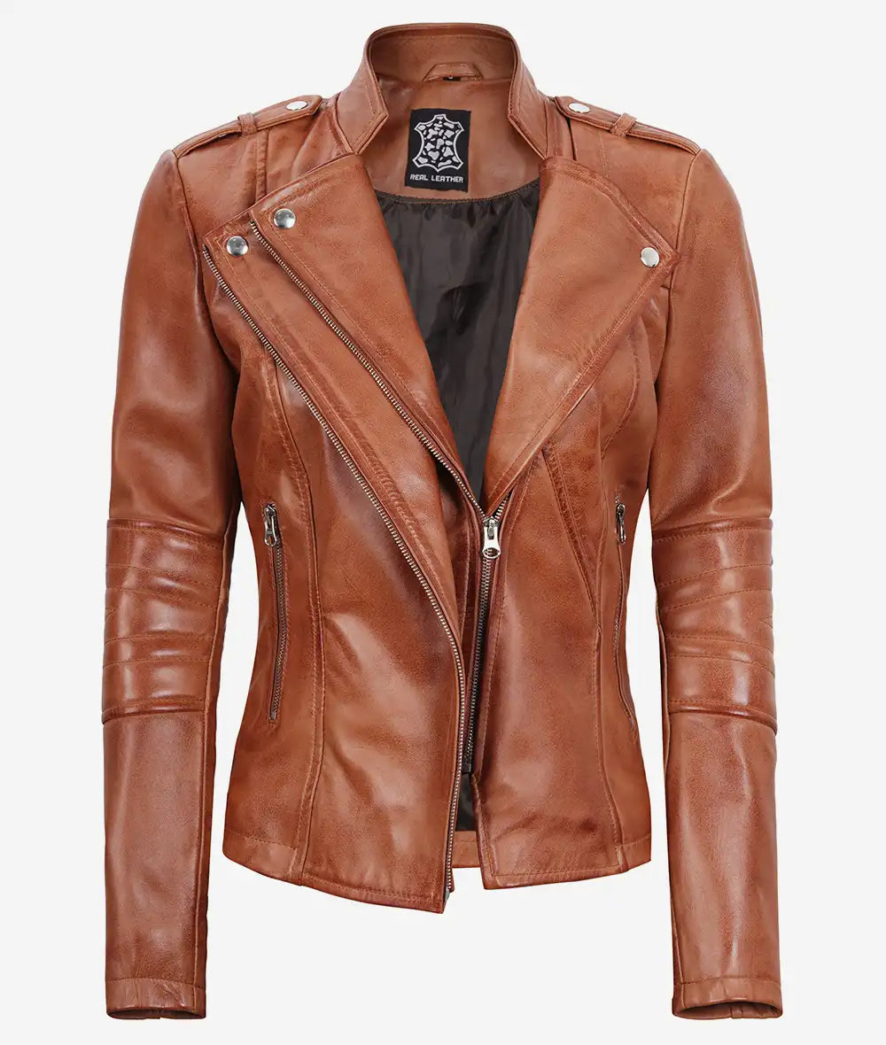 Womens Brown Asymmetrical Fitted Leather Jacket