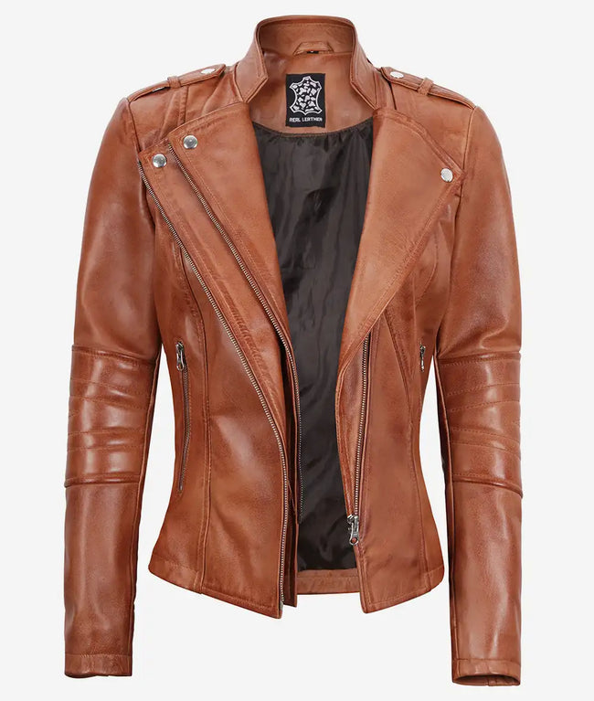 Womens Brown Asymmetrical Fitted Leather Jacket