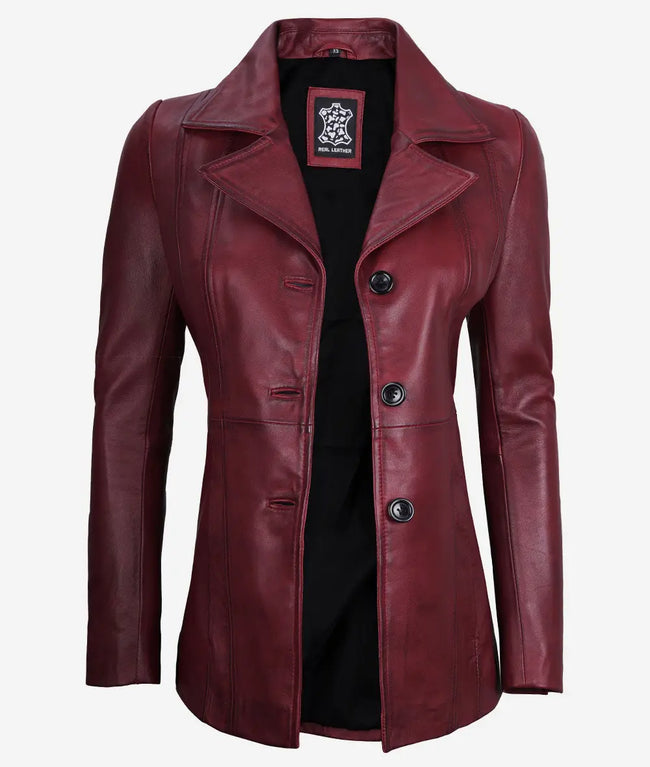 Womens Three Button Maroon Leather Blazer