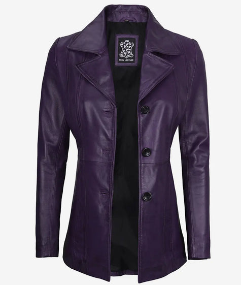 Womens Three Button Purple Leather Blazer