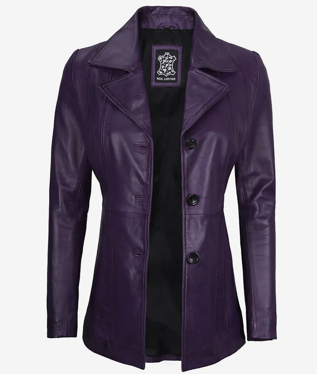 Womens Three Button Purple Leather Blazer