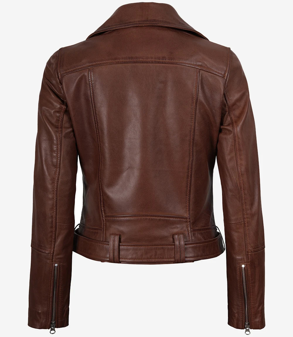 Women's Asymmetrical Cognac Leather Jacket - Belted Waist