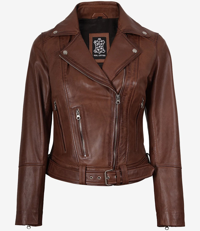 Women's Asymmetrical Cognac Leather Jacket - Belted Waist