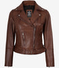 Women's Asymmetrical Cognac Leather Jacket - Belted Waist