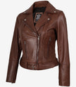 Women's Asymmetrical Cognac Leather Jacket - Belted Waist