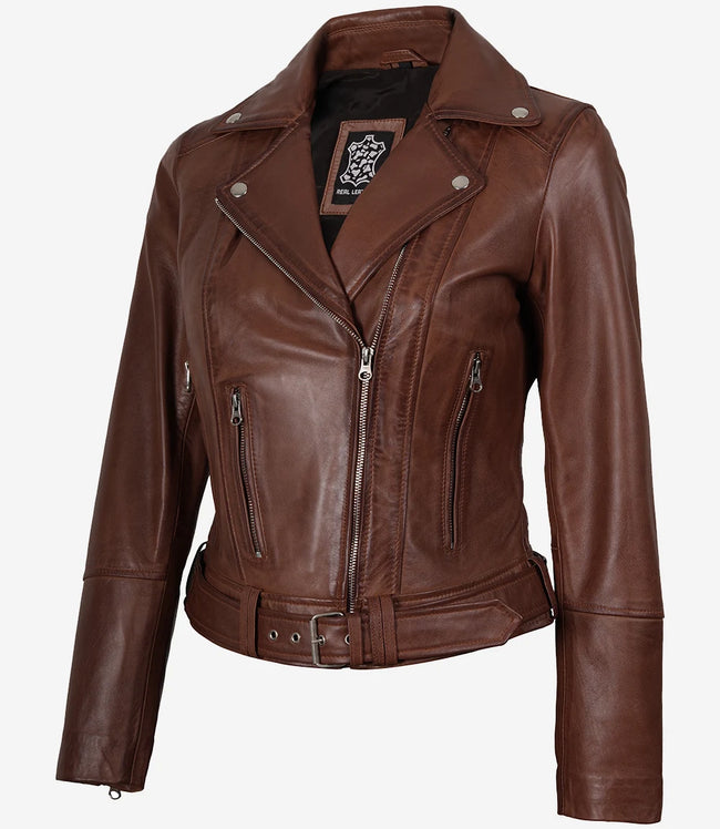 Women's Asymmetrical Cognac Leather Jacket - Belted Waist