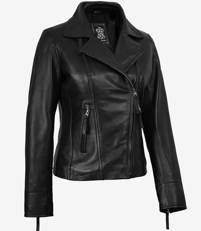 Ramsey Women's Asymmetrical Black Leather Biker Style Jacket
