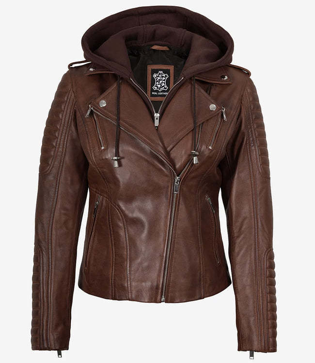 Women's Cognac Biker Style Leather Jacket with Removable Hood
