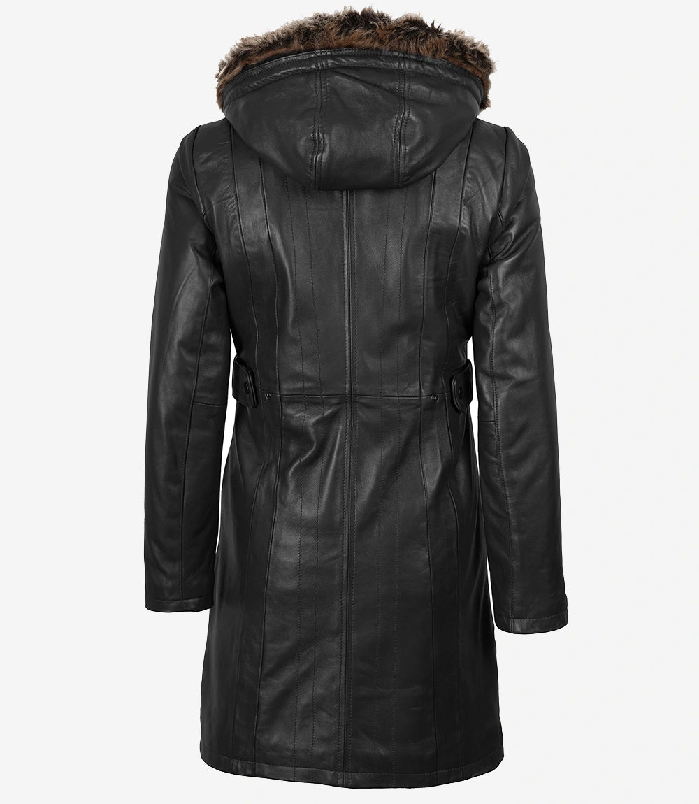 Women's Black Premium Leather Coat - Removable Fur Hood