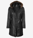 Women's Black Premium Leather Coat - Removable Fur Hood