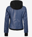 Womens Blue Bomber Leather Jacket With Hood
